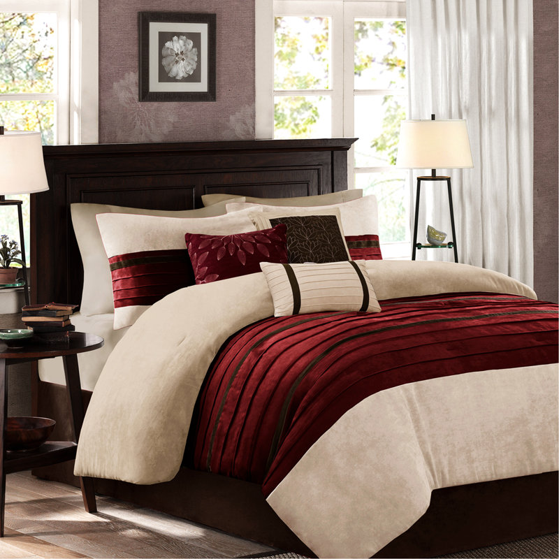 Édredon rouge très grand - 3 pièces de coussin décoratif en faux suède, jupe de lit 7 pièces