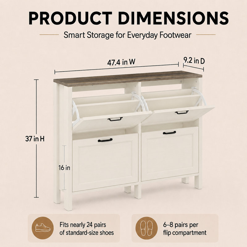Slim Shoe Storage Cabinet with Doors and Adjustable Shelves for Entryway, Beige/Brown, 37'' H x 47'' W x 9.2'' D