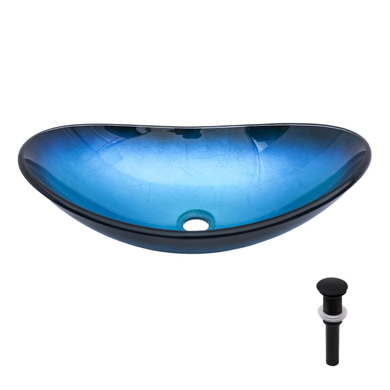 Bathroom Artistic Tempered Glass Blue Vessel Bathroom Sink Pop-Up Drain, Blue Boat Shape Bathroom Sink Above Counter (No Faucet)