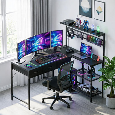L-Shaped Desk with Power Outlets & LED, 3-Tier Storage Corner Computer Table, Black