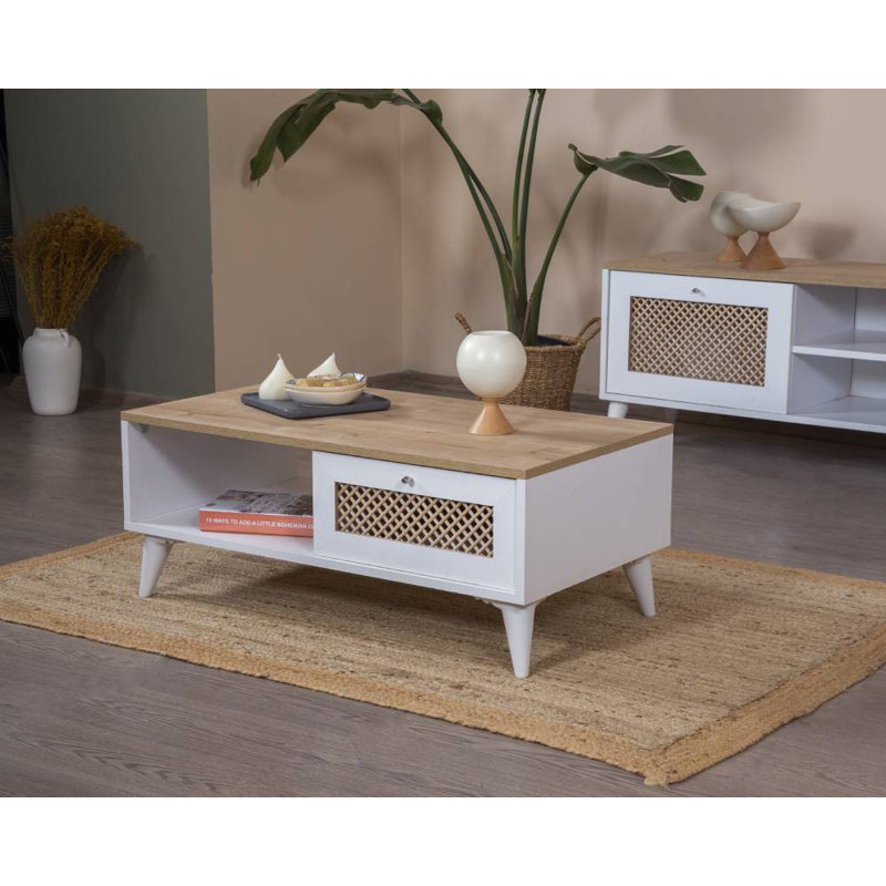 Modern Coffee Table with Additional Storage, White & Oak Finish, 39.4 x 21.7 x 17.7 Inches | 100% MDF & Pine Wood, Soft-Close Doors | Scandinavian Geometric Design, Perfect for Living Room & Contemporary Spaces