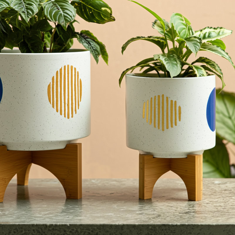 Stoneware and Ceramic Planter Set with Bamboo Stands - Modern Decorative Indoor Planters - Contemporary Geometric Design - Set of 2
