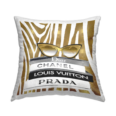 Fashion Sun Glasses Designer Books Gold Zebra Pattern Outdoor Printed Pillow by Madeline Blake