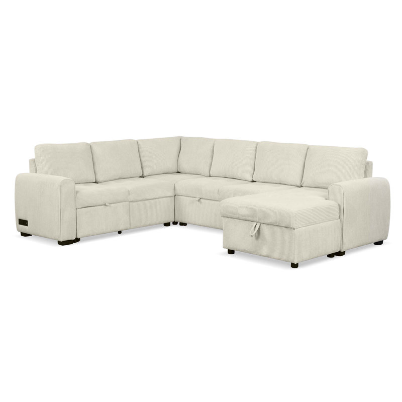 Oversized U Shaped Sectional Sofa Convertible Pull Out Sofa Bed with Storage and Charging Devices, Beige
