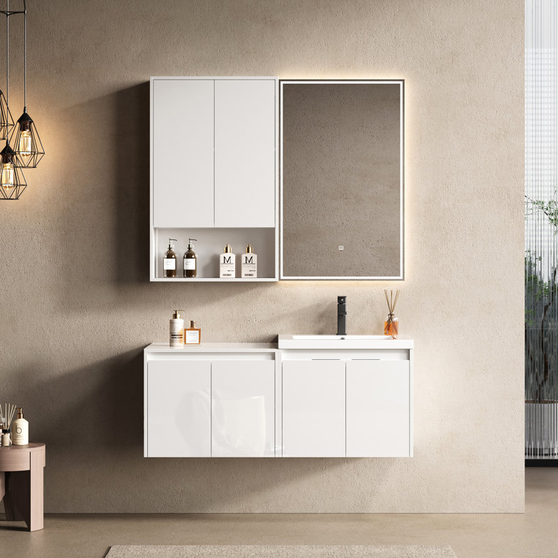Meuble-lavabo moderne blanc brillant 48 po avec lavabo en résine, portes à fermeture en douceur, 1 armoire murale et armoire latérale, quincaillerie de porte de fermeture à option de rangement, conception à fixation flottante, contreplaqué