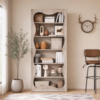 6-Tier Freestanding Wooden Bookshelf with Wavy Scalloped Edge, Reversible Display Storage Bookcase with Anti-Tip Kit for Living Room Bedroom Office Library Entryway