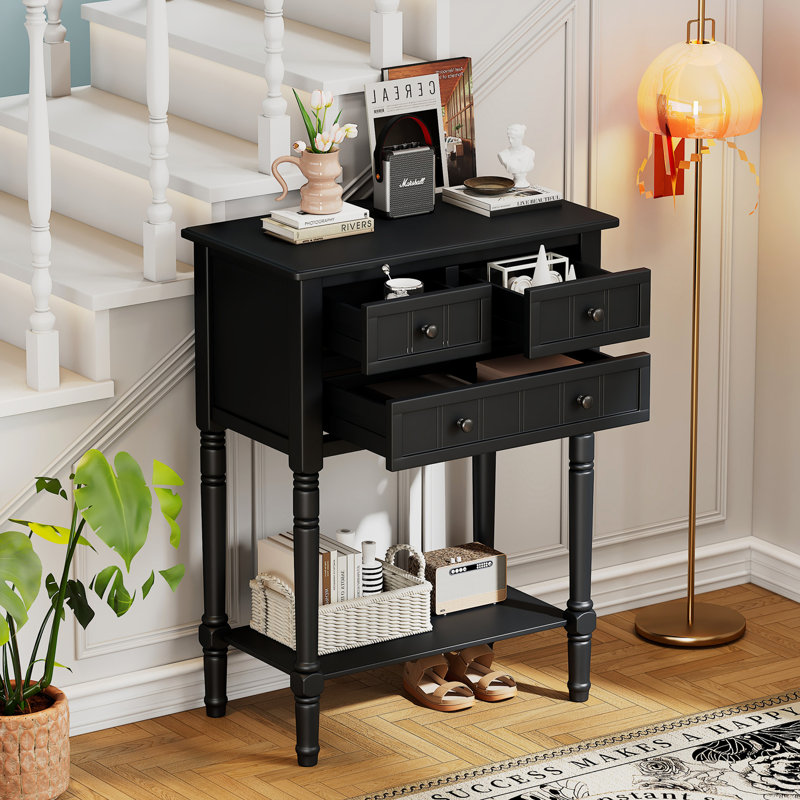 Narrow Console Table, Slim Sofa Table With Three Storage Drawers And Bottom Shelf, Black