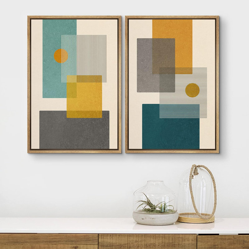 Abstract Vibrant Color Blocks " Mid-Century Green And Yellow Polygon Collage Abstract Shapes Modern " 2 - Pieces