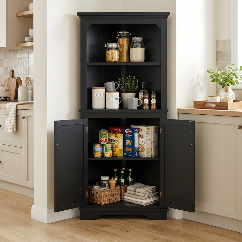 Armoire de coin haute de 176 cm (69,4 po) de style champêtre avec étagères réglables, Noir