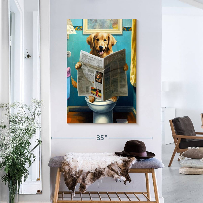 Golden retriever sur une toilette sur toile, H 36 po x l 24 po x P 1,25 po