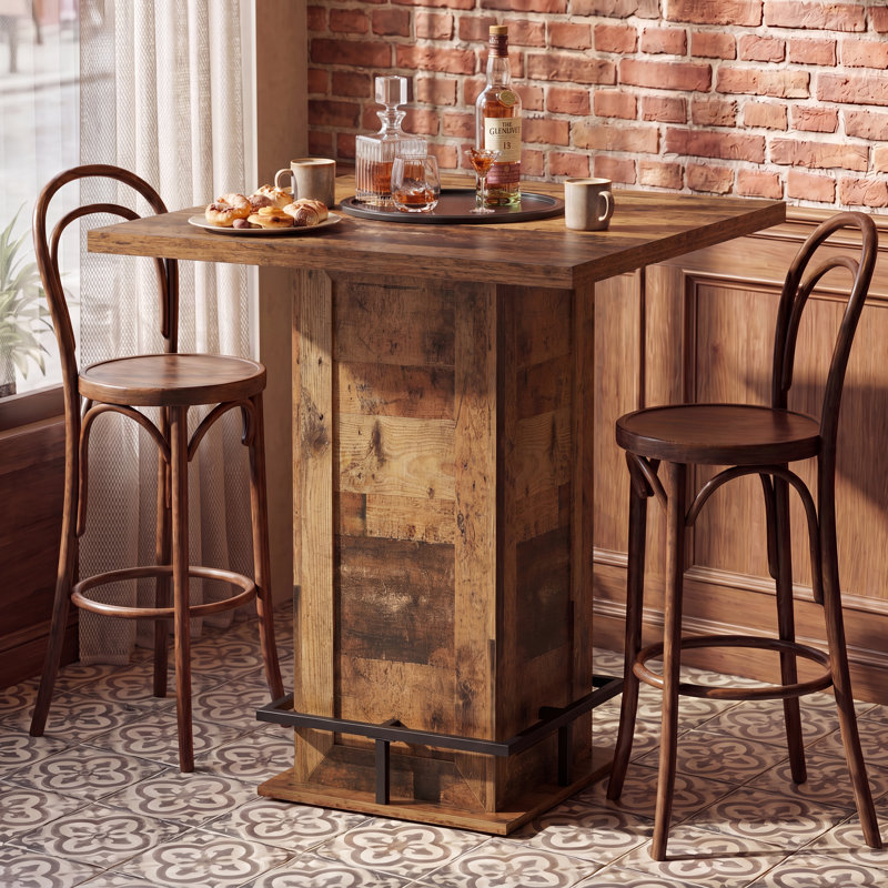 39.4" H Bar Height Table, Square High Bistro Pub Cocktail Table with Metal Footrest, Rustic Brown, Dark Brown