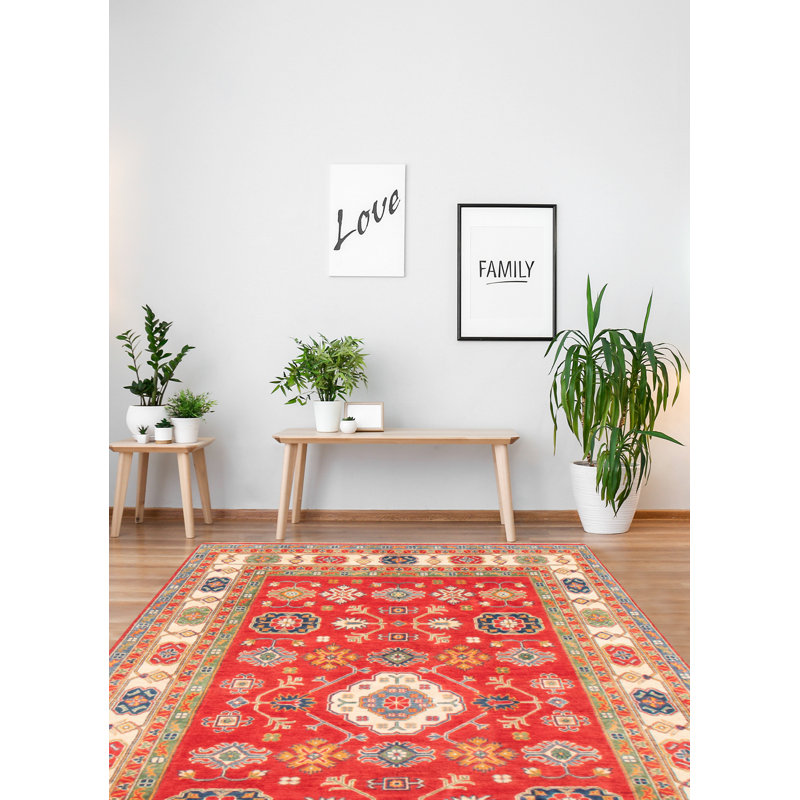 Tapis rouge / jaune en laine noué à la main de conception unique 6 pi 3 po x 9 pi New Age Okla