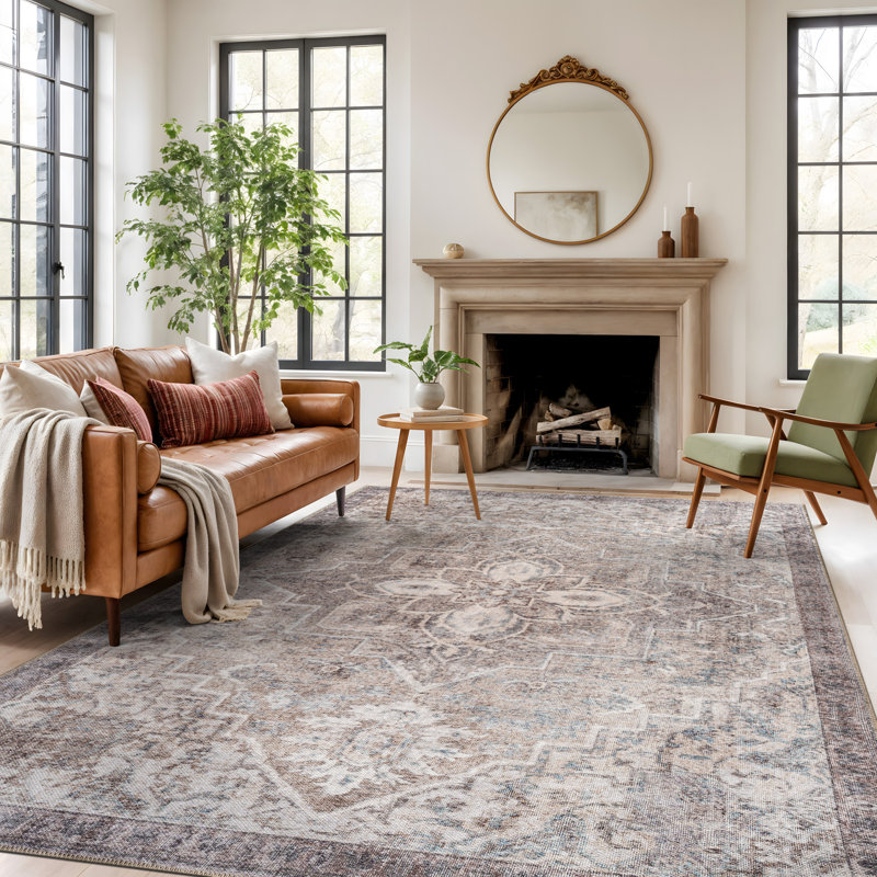 Tapis beige d'inspiration persane Savina avec envers antidérapant lavable, Rectangle 7 pi 6 po x 9 pi 6 po