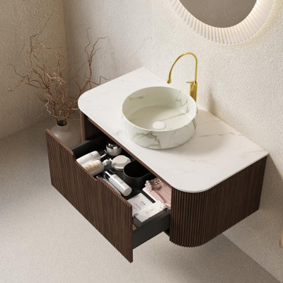 Dina Bathroom Vanity With Sink, Wall-mounted Floating Curved Edges Striped Bathroom Storage Cabinet With Drawer, White Round Ceramic Basin With Stone Pattern, Pre-assembled
