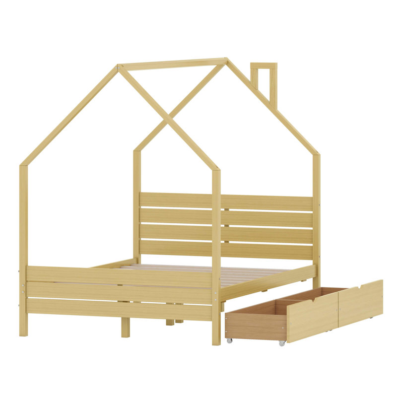 House Shape Bed for Kids with Storage Drawers, Headboard and Simple Assembly, Natural