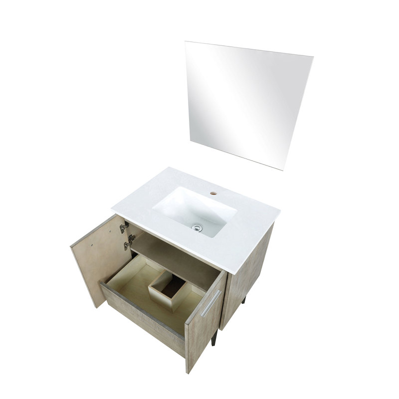 Meuble-lavabo de 76 cm de large avec surface en quartz blanc, miroir de 71 cm, fermeture amortie silencieuse et design pratique avec comptoir, glissières de tiroir et construction robuste.