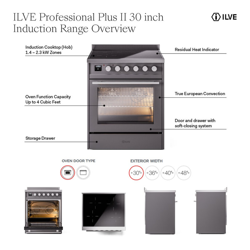Cuisinière à induction 30 po ILVE Professional Plus II, Noir brillant / acier inoxydable