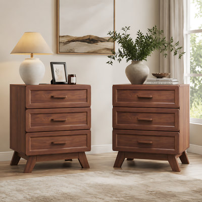 Ensemble de 2 tables de chevet avec station de charge, table de chevet de ferme de 23,6 po avec 3 tiroirs d'angle arrondis, table de bout en bois pour la chambre à coucher, le salon, le double