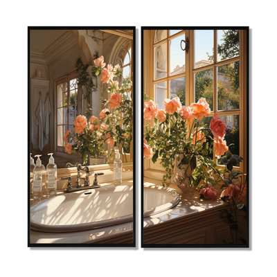 «Bathroom Sunlit Morning I» - Toile traditionnelle mauve, 2 panneaux