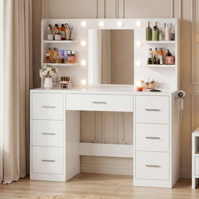 110cm Dressing Table With Power Outlet And Dryer Hook Modern Bulb Light Makeup Vanity