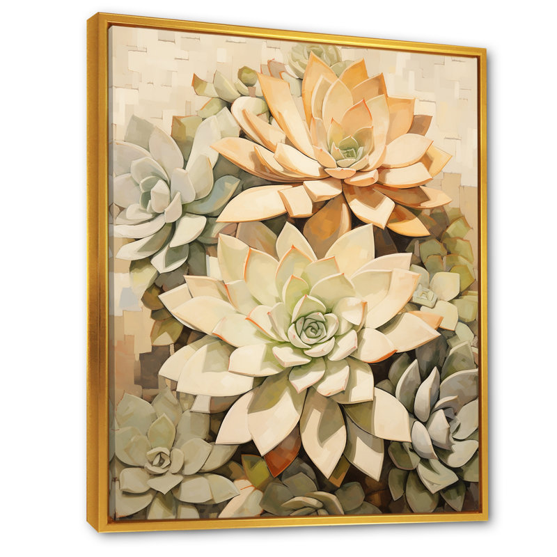 Beige plante grasse douce V, H 40 po x l 30 po x P 1,5 po, Cadre flottant doré