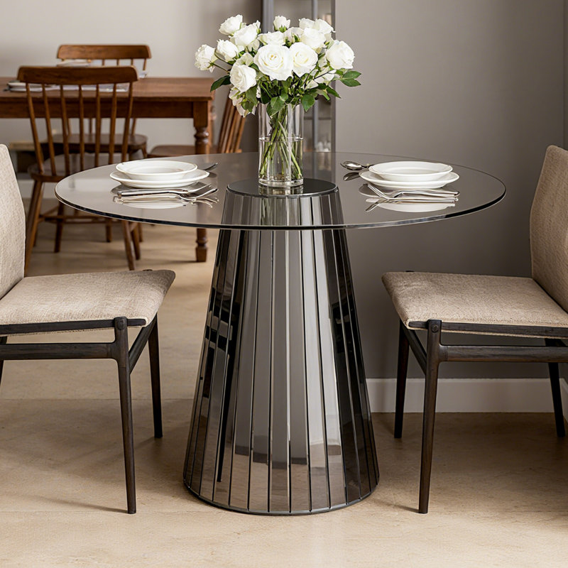  Mekisha 47.24" Round Tempered Glass Dining Table Modern Gray Mirrored Base