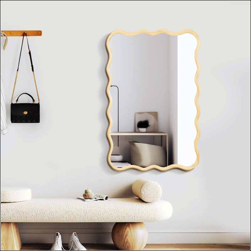 Élégant miroir rectangulaire ondulé en bois massif pour une décoration murale polyvalente dans plusieurs pièces, Bois naturel