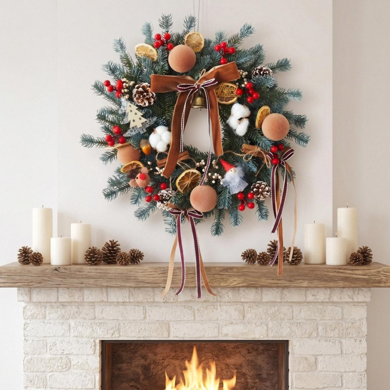 Couronne de Noël artificielle 19,7 pouces avec nœud rouge et éléments rustiques, décoration des Fêtes