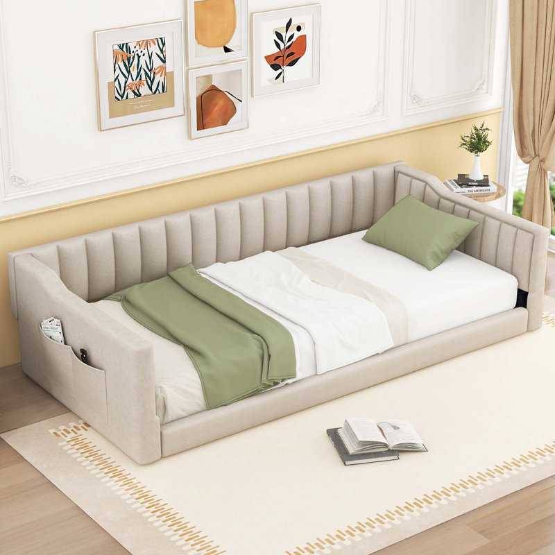 Full Xl Size /Twin Xl Upholstery Daybed And Side Storage Pocket, Beige, Twin XL