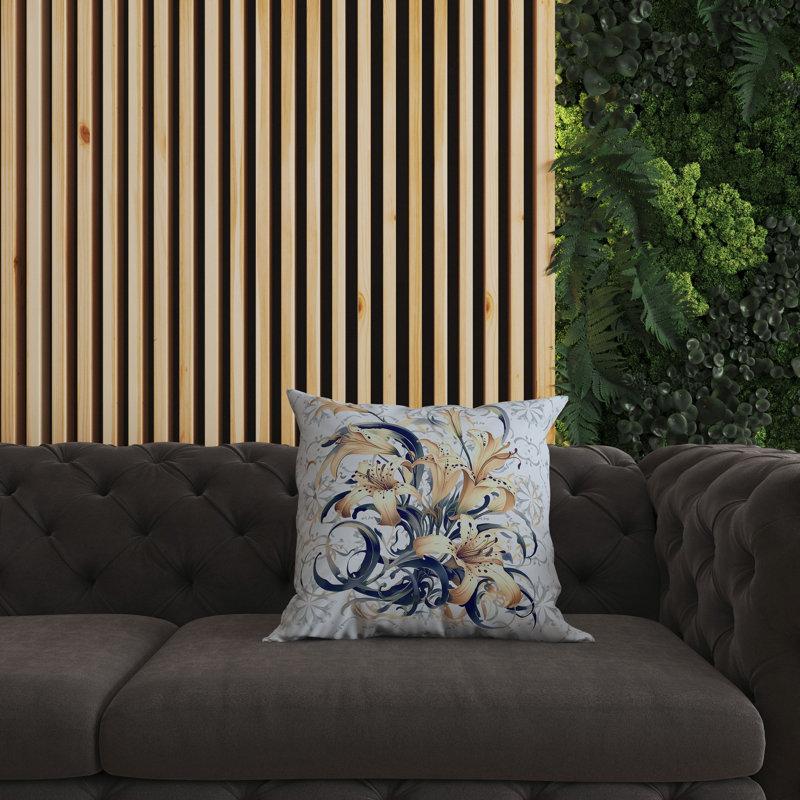 Coussin décoratif intérieur / extérieur Lily Legends, H 26 po x l 26 po, Bleu / floral châtaignier