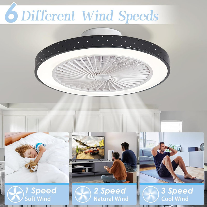 19’’ Ceiling Fan with LED Lights Flush Mount Enclosed 8-Blade Ceiling Fan Light with Remote Control, Black