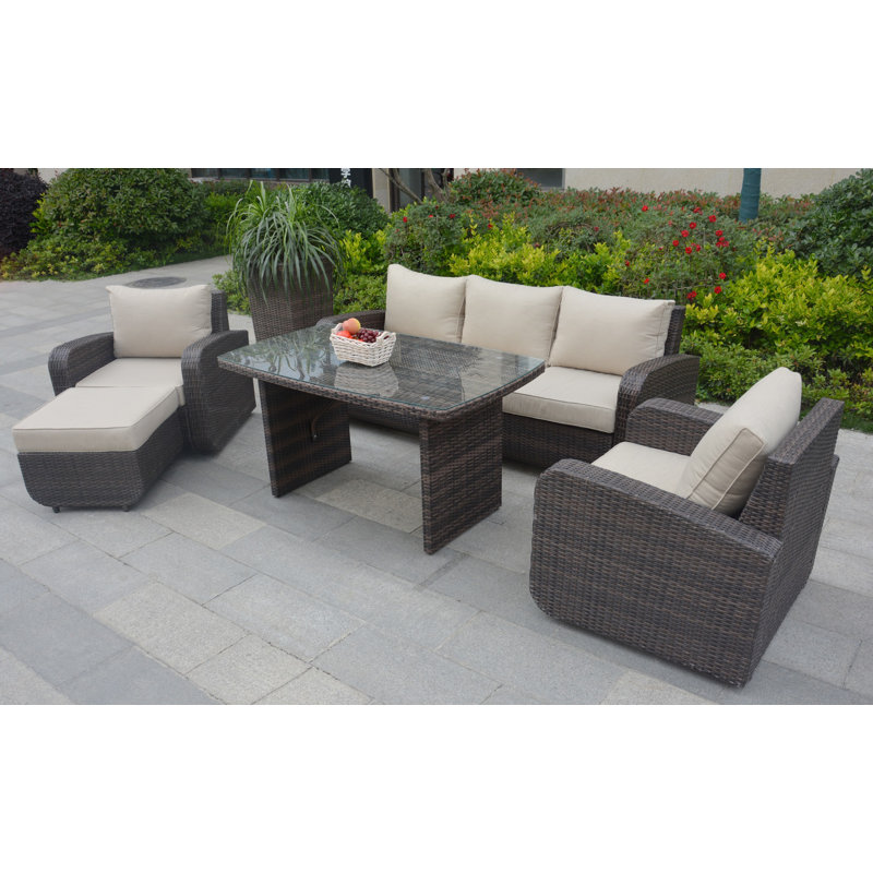 Ensemble de conversation en osier / rotin pour 6 personnes avec coussins Manhattan