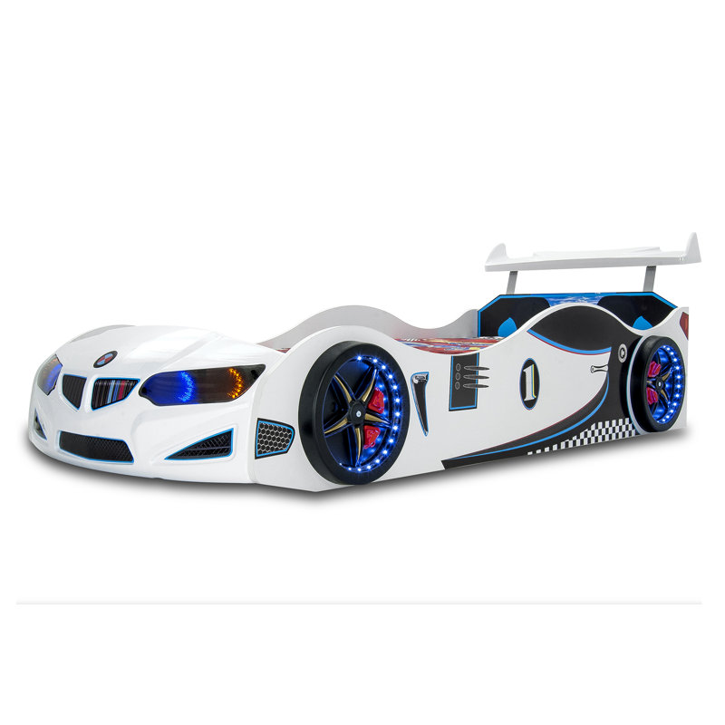 GT1 Twin Race Car Bed With LED Lights & Sounds, Kids' Bedroom Furniture, White