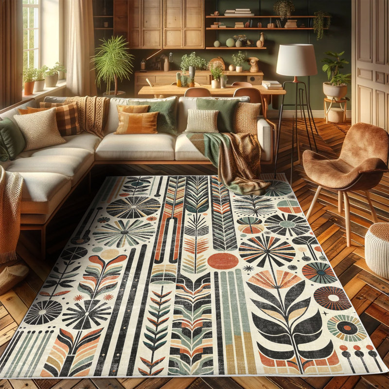 Retro Mid Century Abstract Pattern Blue and Orange Rug, 2' 5" x 5'