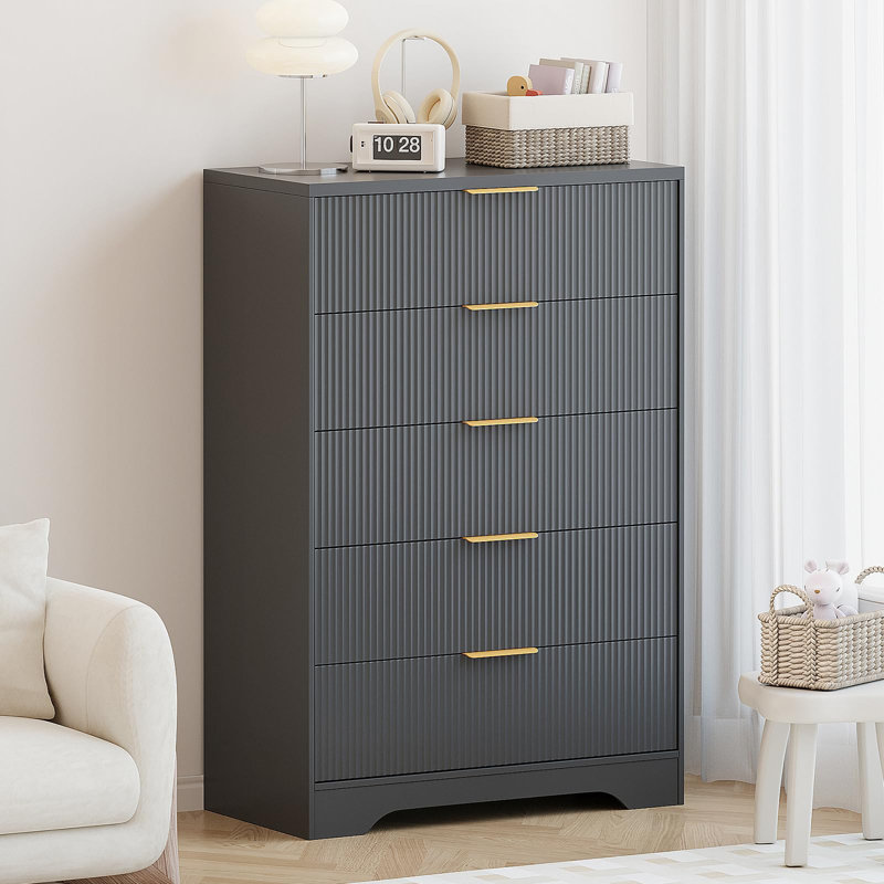 Fluted 5 Drawer Dresser for Bedroom, 47" Tall Modern Chest with Gold Handles for Living Room, Black