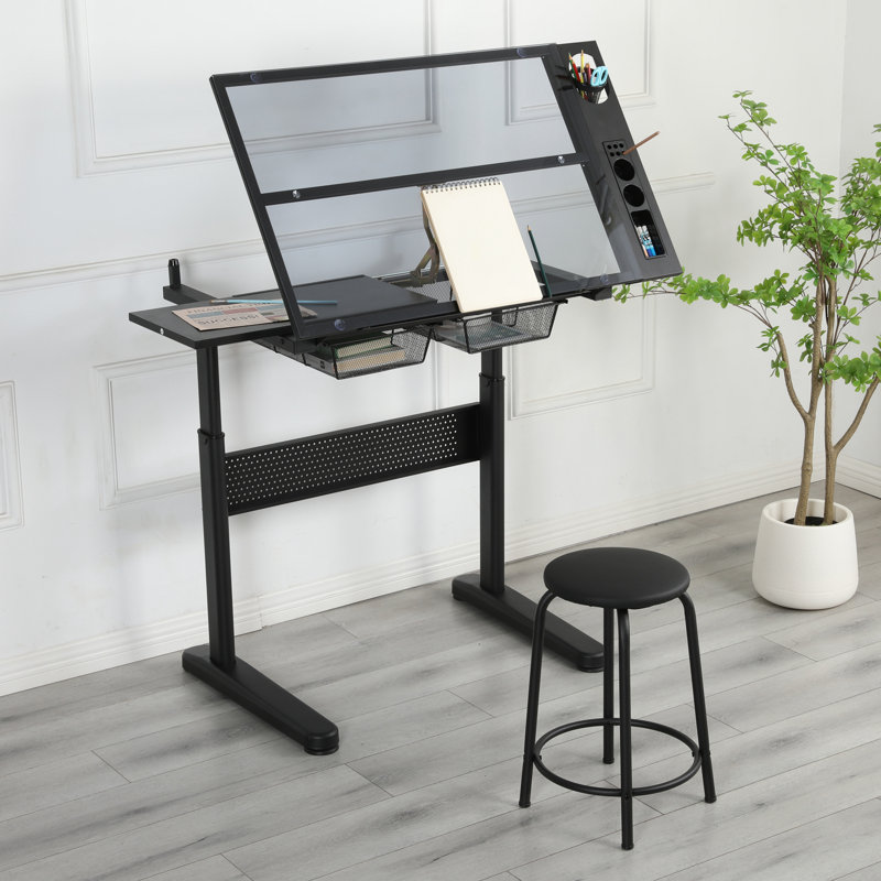 Bureau à dessin à manivelle réglable avec 2 tiroirs en métal