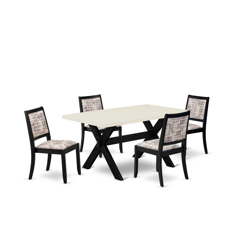 Ensemble de salle à manger 5 pièces comprenant une table avec plateau et 4 chaises empilables, revêtues d'un tissu polyester à motifs blancs et gris et de finitions noires brossées.