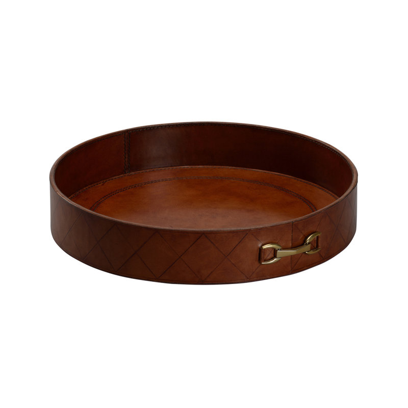 Plateau rond en cuir avec métal, H 2,5 po x l 14,5 po x P 14 po