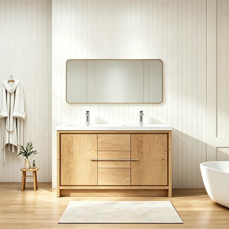  Meuble-lavabo double 60 po avec comptoir en résine blanc brillant, moderne, maison, 60"