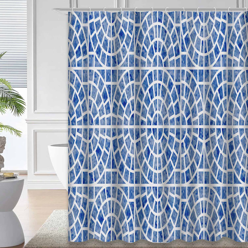 Rideau de douche abstrait aquarelle géométrique bleu avec 12 crochets, L 72 po x l 72 po