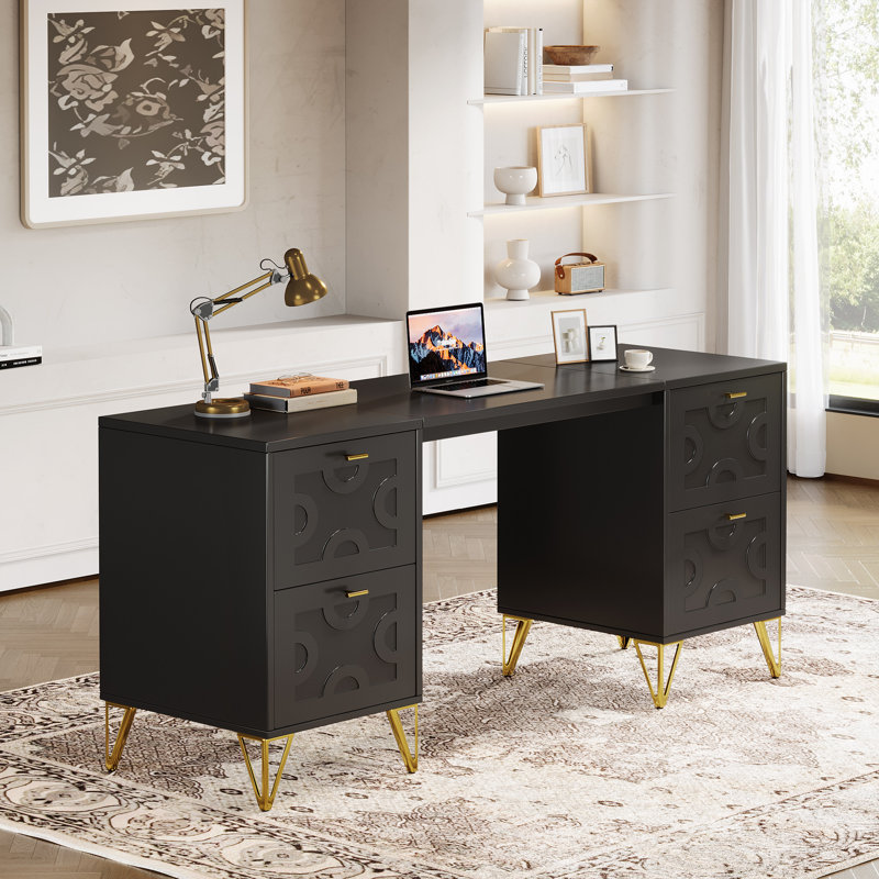 Bureau d'ordinateur 59 po avec tiroirs-classeurs, Noir