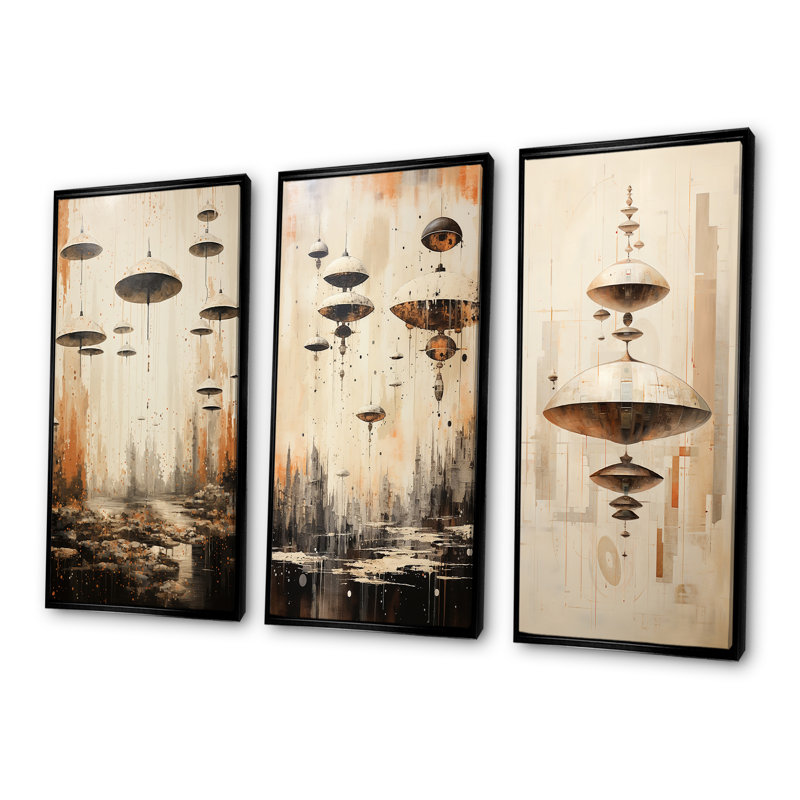 Minimalisme Ufos - Ensemble de 3 impressions sur toile Ufos, H 28 po x l 36 po, Cadre flottant noir