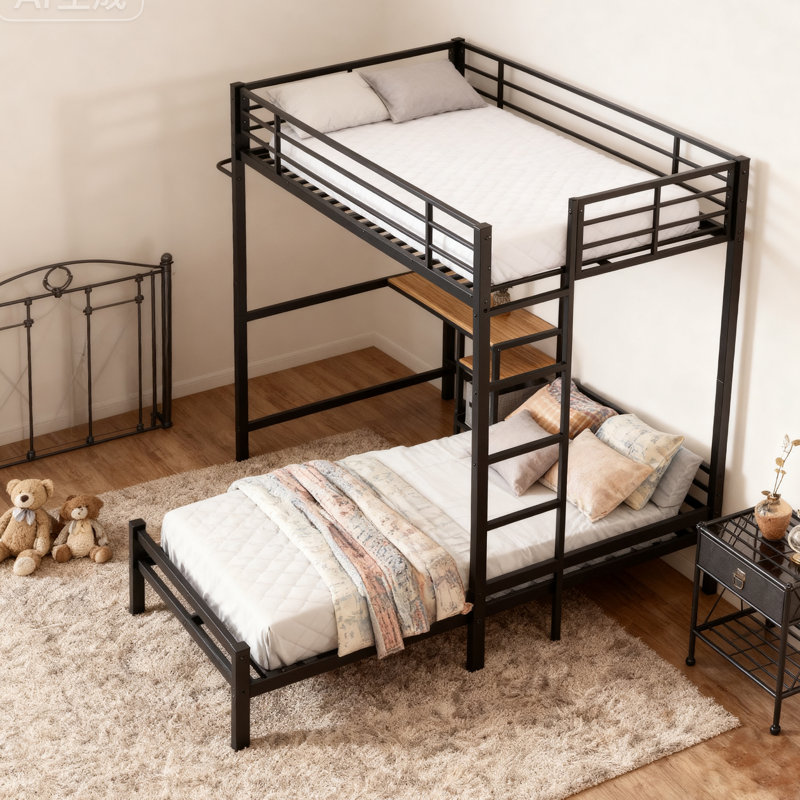Lit superposé en métal avec bureau, tablettes de rangement et échelle