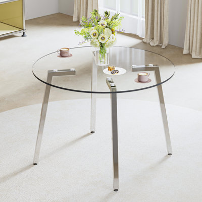 Table circulaire en verre trempé transparent de style moderne minimaliste, plateau de table en verre trempé, pieds de table en métal argenté, convient pour la cuisine, la salle à manger et le salon, l 42 po x 42 po x 29,5 po W1151138074