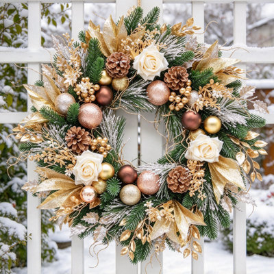 Couronne de Noël dorée de luxe avec ornements champagne doré, roses ivoire et pommes de pin, élégante couronne de Noël artificielle pour porte d'entrée, vestibule et décoration de maison de vacances