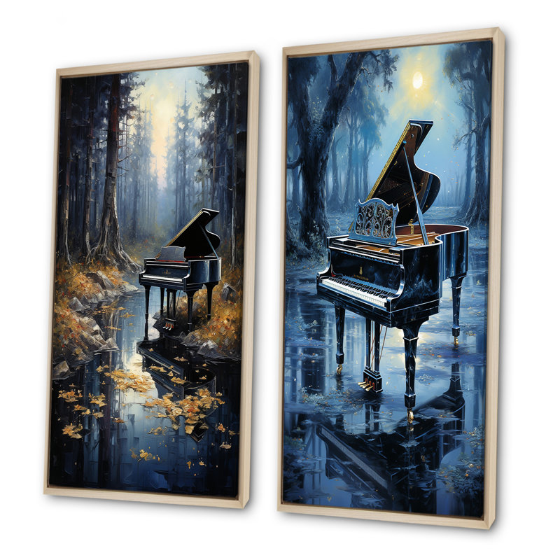 «Piano Forest Reflection - Music Piano», ensemble de 2 reproductions d'art sur toile, Cadre flottant brun, H 32 po x l 33 po