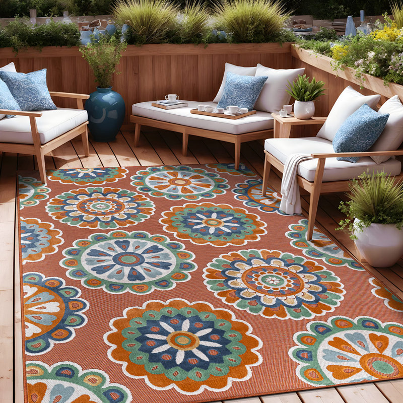 Tapis floral d'intérieur pour l'extérieur, Orange, Rectangle 9' x 12'