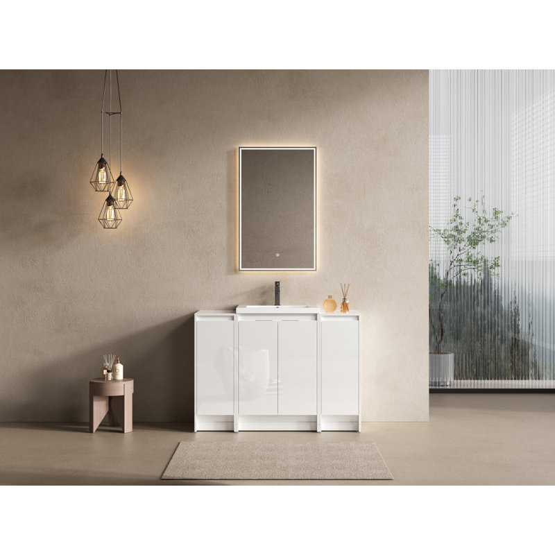 Meuble-lavabo autoportant 48 po avec lavabo en résine et 2 armoires de rangement, portes à fermeture en douceur, blanc brillant, contreplaqué (emballage KD)
