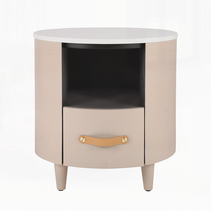 Modern Round Nightstand With Storage Drawer, Khaki