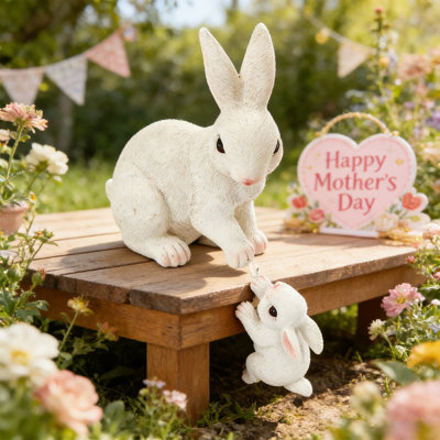 Mother's Day Gift | Mommy & Baby Bunny Garden Statues Set Of 2 – Gray/White Rabbit Decor For Outdoor & Home